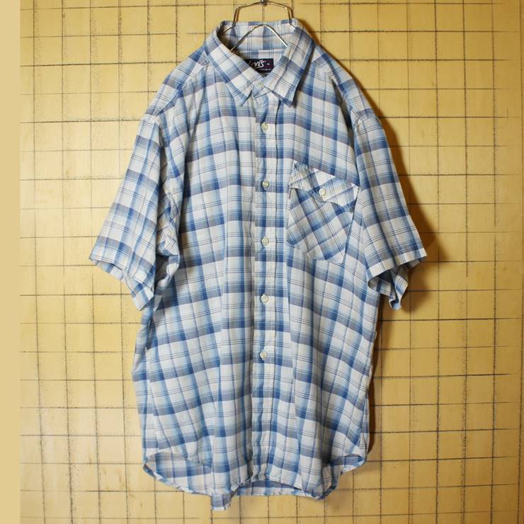 70s 80s USA製 Levis リーバイス 半袖 チェック シャツ ブルー メンズXL ビッグサイズ アメリカ古着