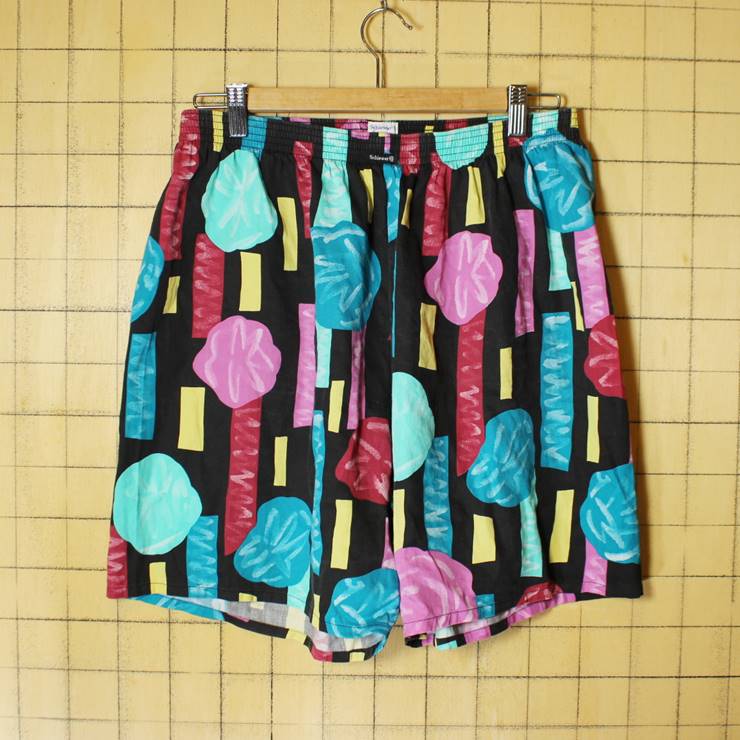EURO 総柄 ショーツ ハーフパンツ メンズM相当 ブラック ピンク ショートパンツ 短パン Schiesser 古着
