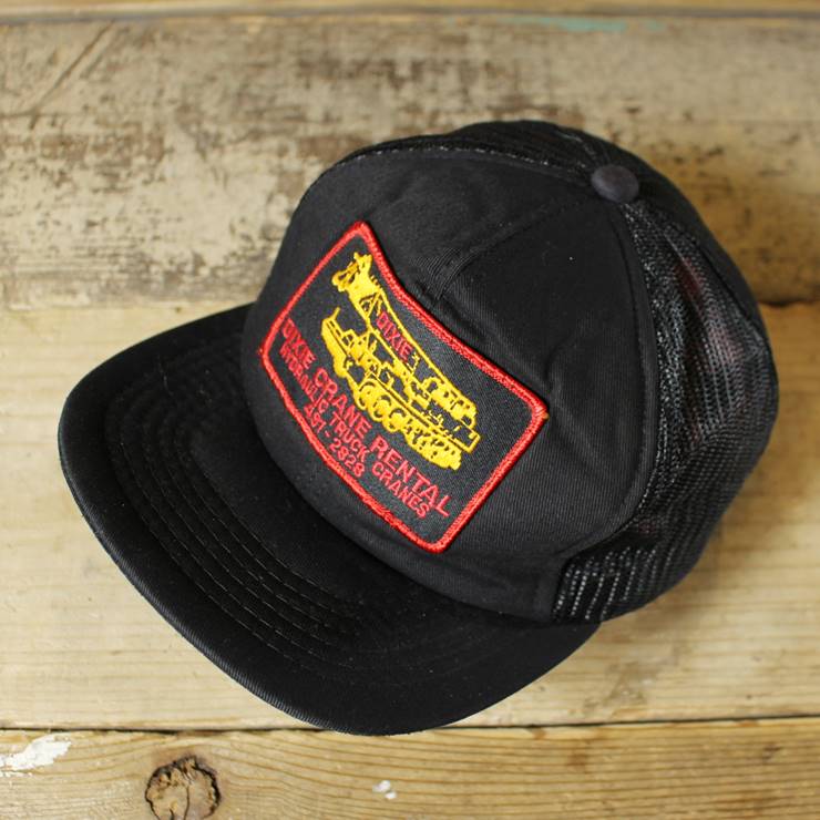 USA メッシュキャップ 帽子 DIXIE CRANE RENTAL ワッペン ブラック 黒 フリーサイズ 古着