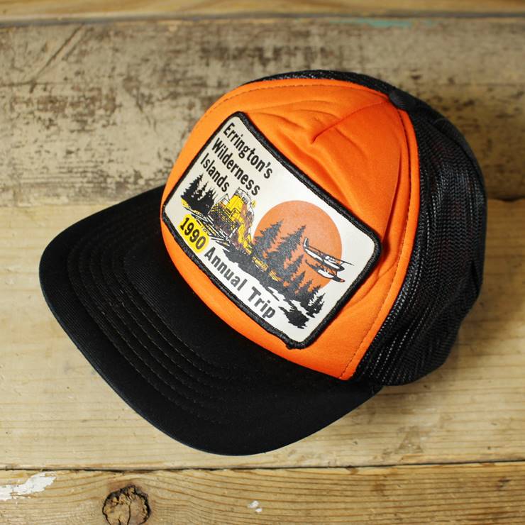 USA メッシュキャップ 帽子 1990 Annual Trip ワッペン ブラック 黒 オレンジ 列車 飛行機 フリーサイズ 古着