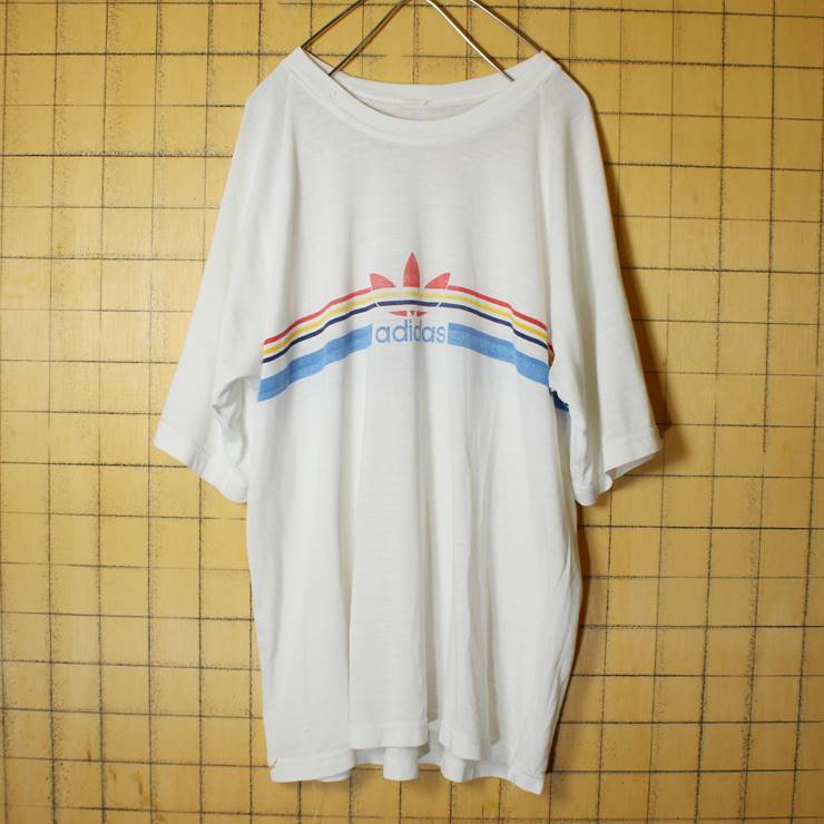 80s 90s adidas アディダス 染み込みプリント 半袖 Tシャツ ホワイト 白 メンズL相当 古着