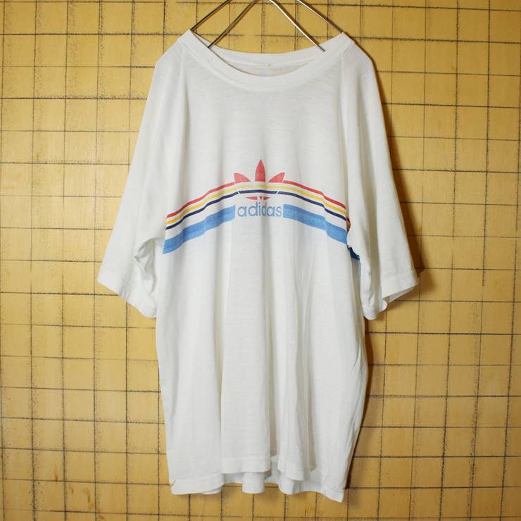 80s 90s adidas アディダス 染み込みプリント 半袖 Tシャツ ホワイト 白 メンズL相当 古着