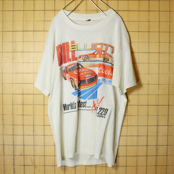 70s 80s USA製 プリント 半袖 Tシャツ  ホワイト 白 メンズXL ナスカー BILL ELLIOTT Coors Ford 古着