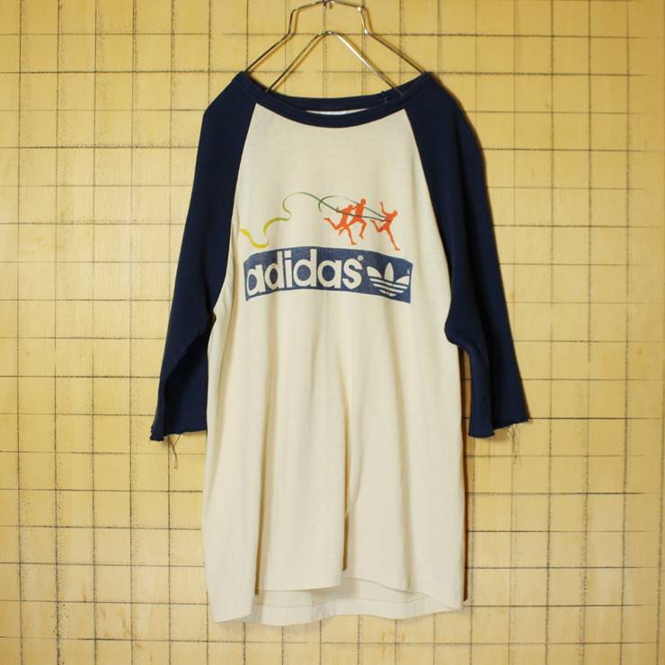 80s adidas アディダス プリント 5分袖 ベースボール Tシャツ ベージュ ネイビー メンズSM相当 ラグラン 古着