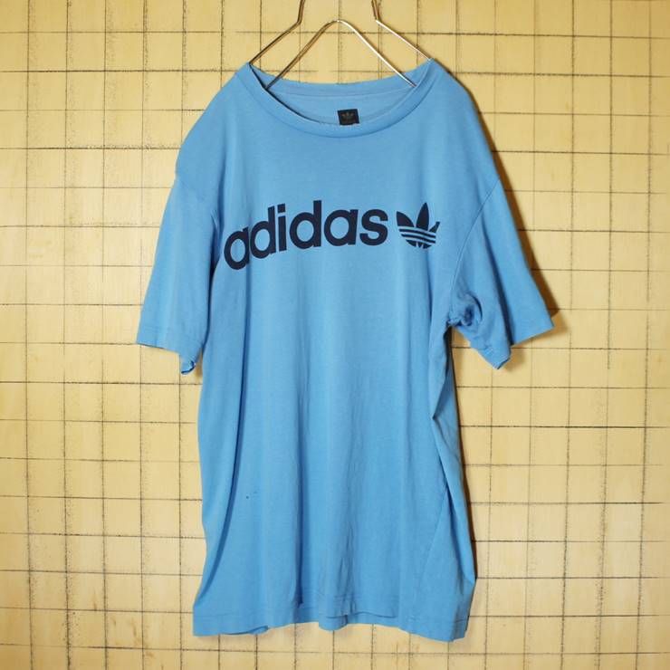 adidas アディダス プリント Tシャツ ベージュ ライトブルー メンズM 古着