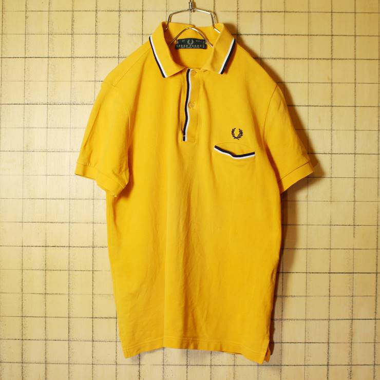 イタリア製 FRED PERRY フレッドペリー 半袖 ポロシャツ オレンジイエロー 黄 メンズS相当 ワンポイント 古着 051320ss18