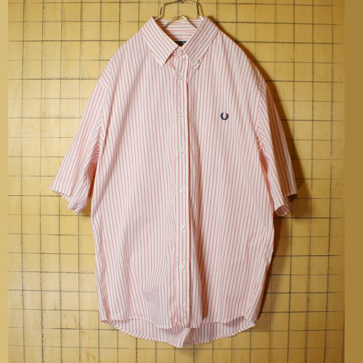 90s イタリア製 FRED PERRY フレッドペリー 半袖 ボタンダウン ストライプ シャツ レッド メンズXL ビッグサイズ ヨーロッパ古着