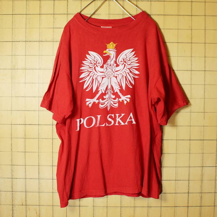 80s 90s ポーランド製 POLSKA プリント Tシャツ 半袖 レッド メンズM相当 国章 古着