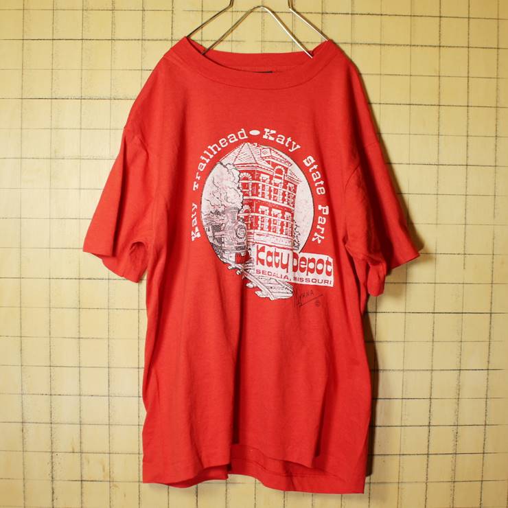 70s 80s USA製 Katy Depot プリント Tシャツ 半袖 レッド メンズL SCREEN STARS 蒸気機関車 古着