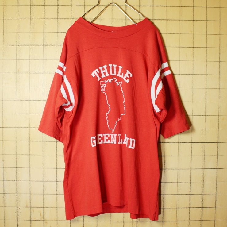 70s 80s USA製 ARTEX THULE GREENLAND プリント Tシャツ 半袖 レッド メンズXL フットボール 古着