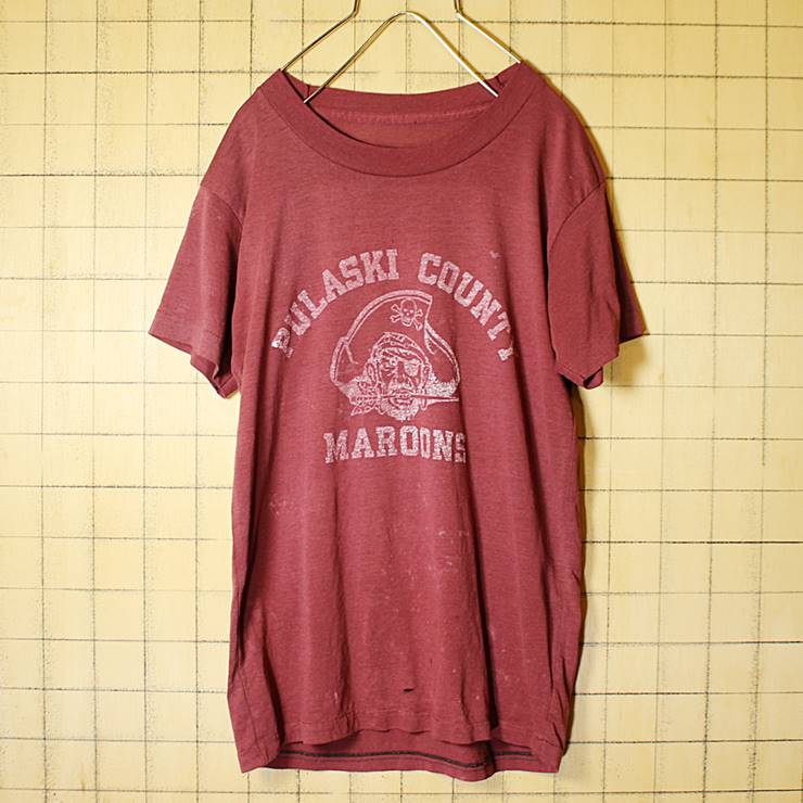 70s 80s USA製 PULASKI COUNTY MAROONS プリント Tシャツ 半袖 エンジ レッド メンズS相当 海賊 パイレーツ 古着