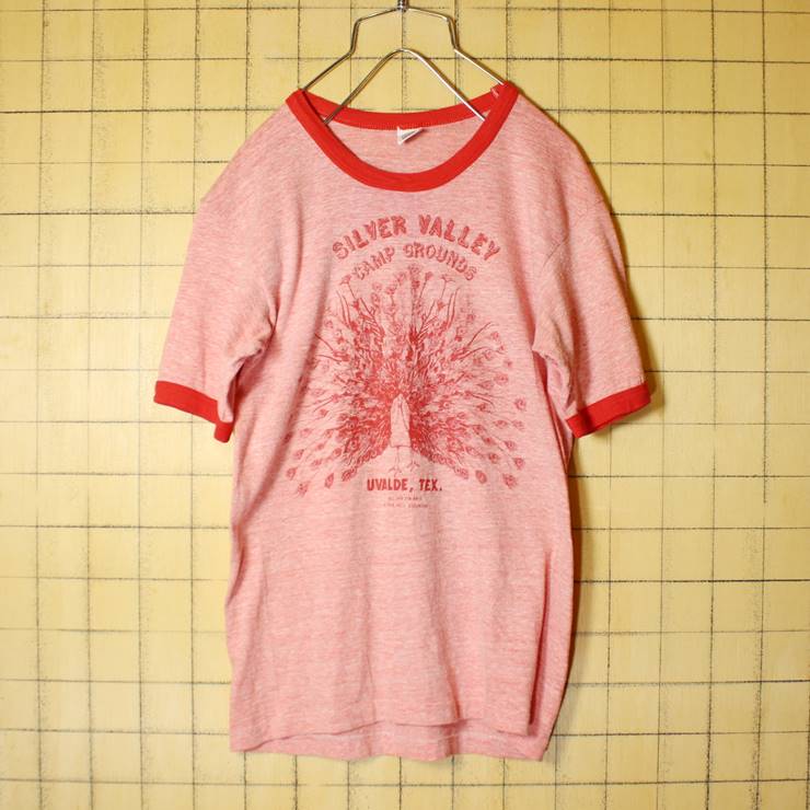 70s 80s USA製 Hanes ヘインズ プリント リンガーTシャツ 半袖 霜降りレッド メンズS 孔雀 SILVER VALLEY 古着