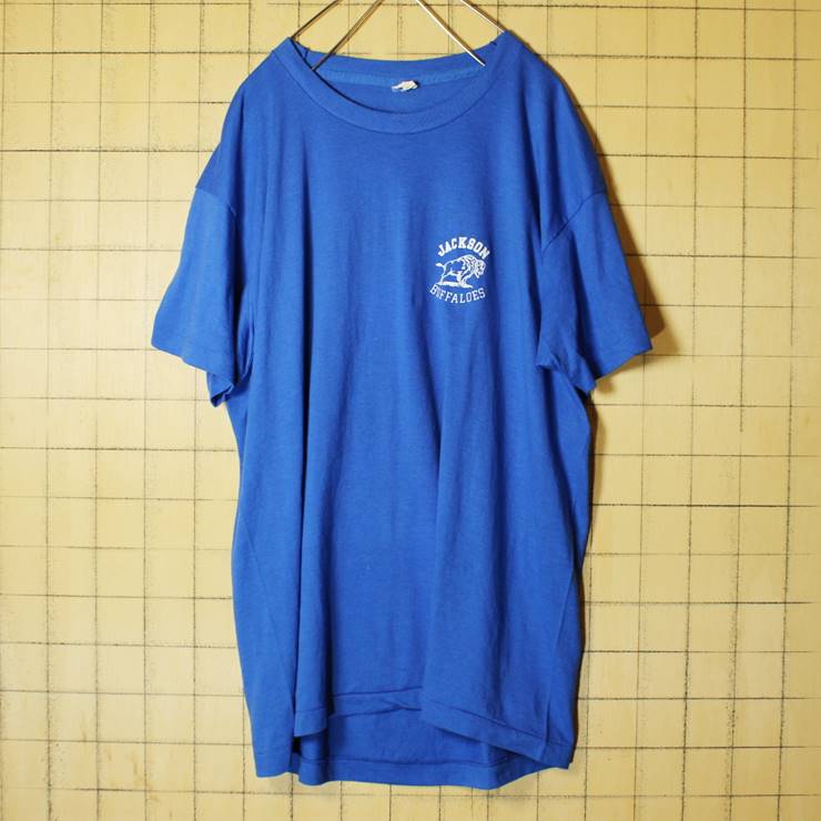 70s 80s USA製 SCREEN STARS プリント 半袖 Tシャツ ブルー メンズL相当 バッファロー JACKSON BUFFALOES 古着