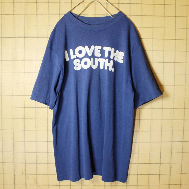 70s 80s USA製 Hanes ヘインズ 両面プリント 半袖 Tシャツ ネイビー 紺 メンズL I LOVE THE SOUTH 古着