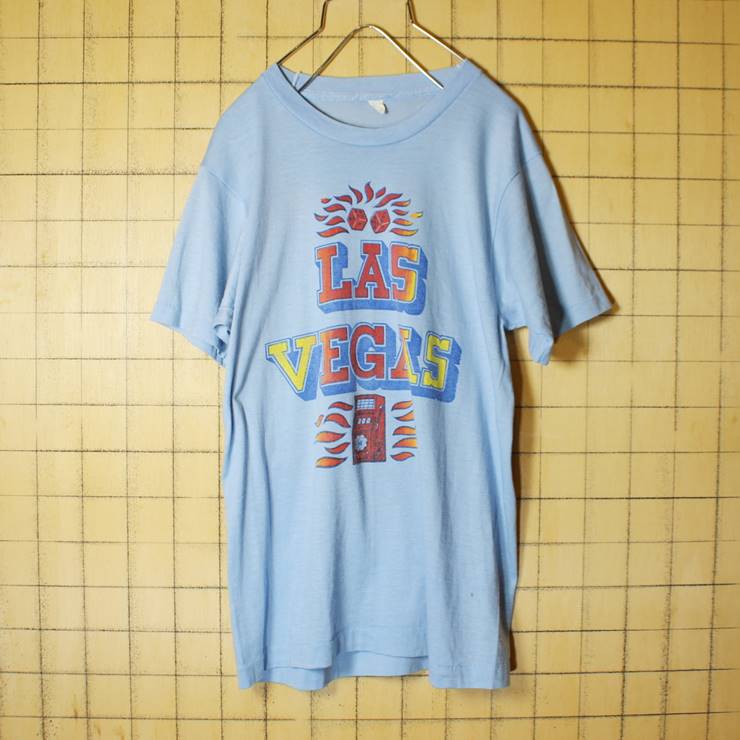 70s 80s USA製 SCREEN STARS プリント 半袖 Tシャツ ライトブルー 水色 メンズM LAS VEGAS 古着