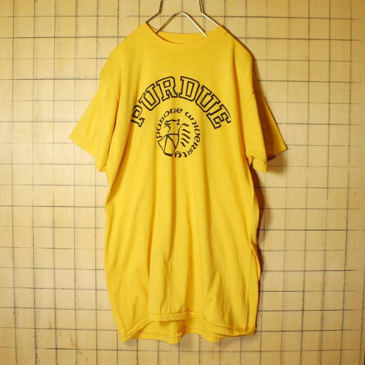 70s 80s USA製 カレッジ プリント 半袖 Tシャツ イエロー 黄色 メンズXL PURDUE Action Sportswear 古着