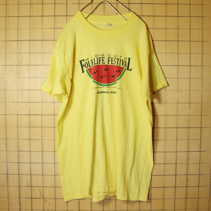 70s 80s USA製 プリント 半袖 Tシャツ イエロー 黄色 メンズXL SCREEN STARS FOLKLIFE FESTIVAL スイカ 古着