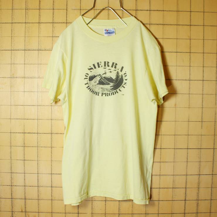 70s 80s USA製 Hanes ヘインズ プリント 半袖 Tシャツ イエロー 黄色 メンズM SIERRA OUTDOOR PRODUCTS CO 古着