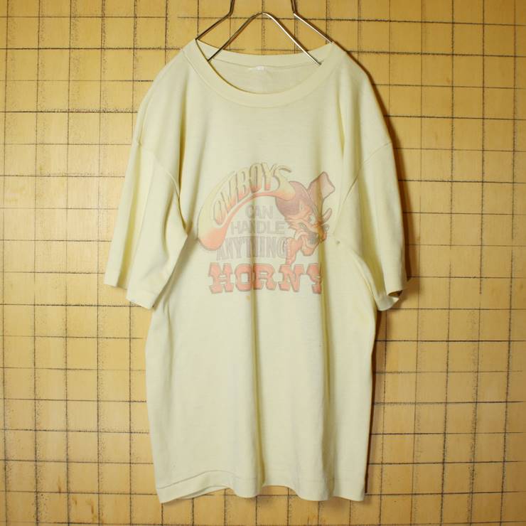 70s 80s USA製 プリント 半袖 Tシャツ イエロー 黄色 メンズL相当 COWBOY CAN HANDLE ANYTHING HORNY 古着