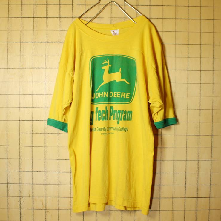 70s 80s USA製 プリント 半袖 Tシャツ フットボール イエロー 黄色 メンズL JOHN DEERE DELTA ATHLETICS 古着
