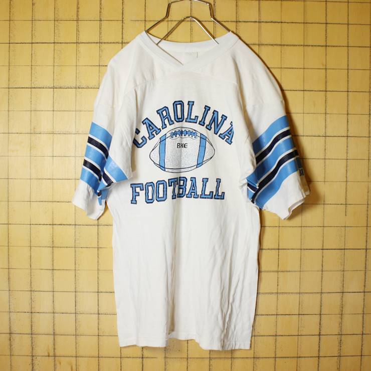 70s 80s USA製 プリント 半袖 Tシャツ フットボール ホワイト 白 メンズS相当 CAROLINA FOOTBALL 古着