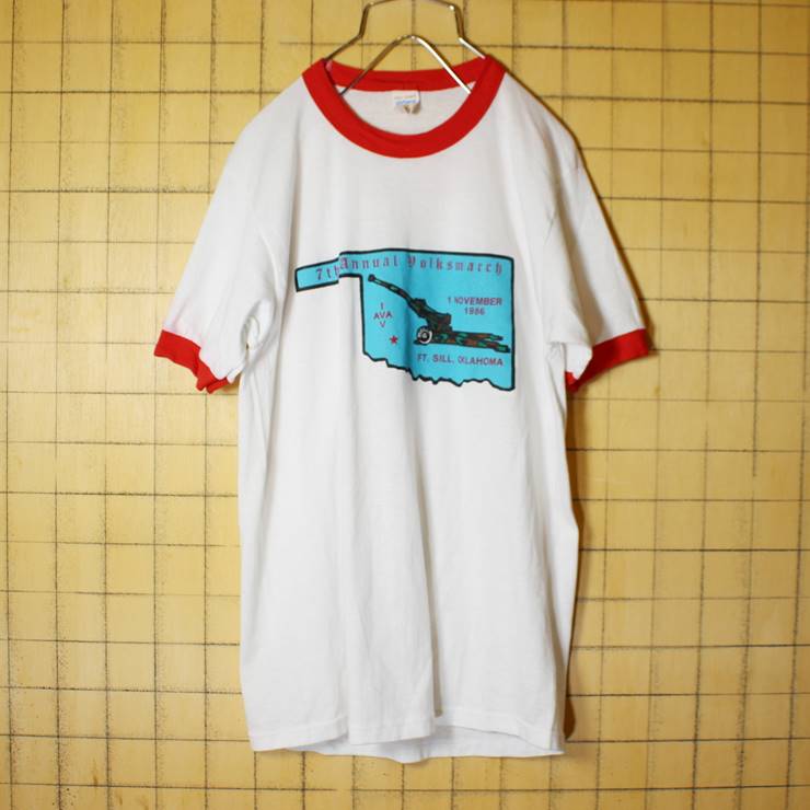 80s USA製 sportswear プリント 半袖 リンガー Tシャツ  ホワイト 白 レッド メンズM 7th Annual Dolksmarch 古着