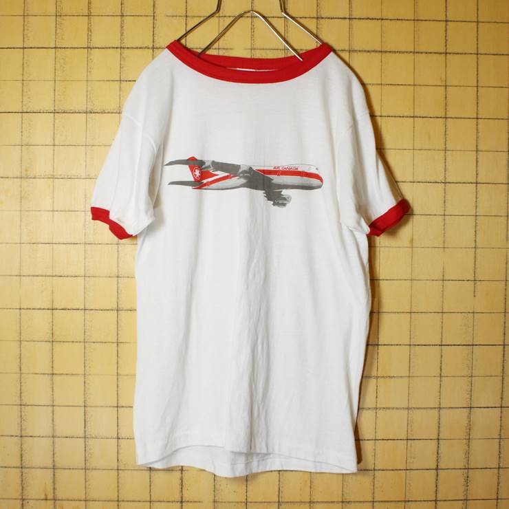 CANADA製 AIR CANADA プリント 半袖 リンガー Tシャツ  ホワイト 白 レッド メンズM 飛行機 旅客機 Penmans 古着