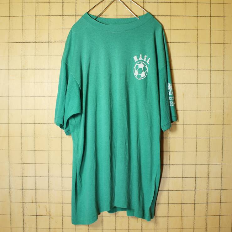 70s 80s USA製 3面プリント 半袖 Tシャツ グリーン 緑 メンズXL SIGNAL サッカーボール 古着