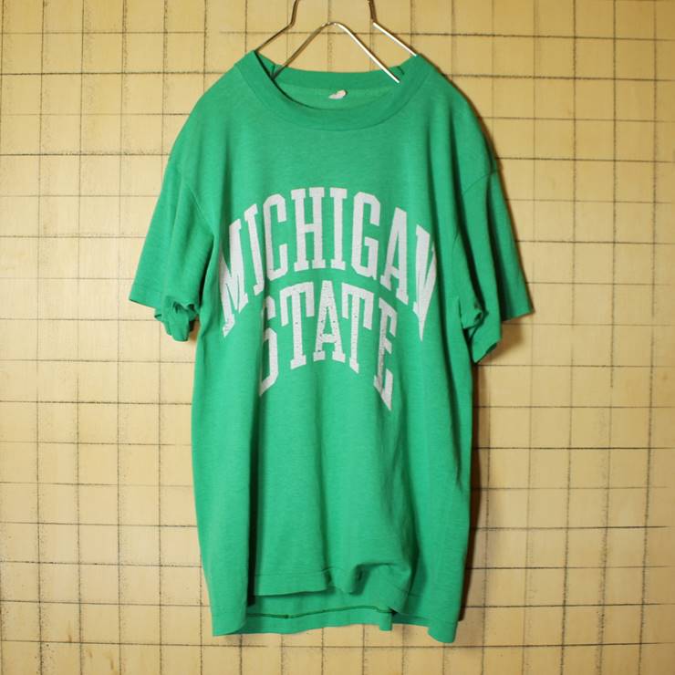 70s 80s USA製 カレッジプリント 半袖 Tシャツ グリーン 緑 メンズM MICHIGAN STATE SCREEN STARS 古着