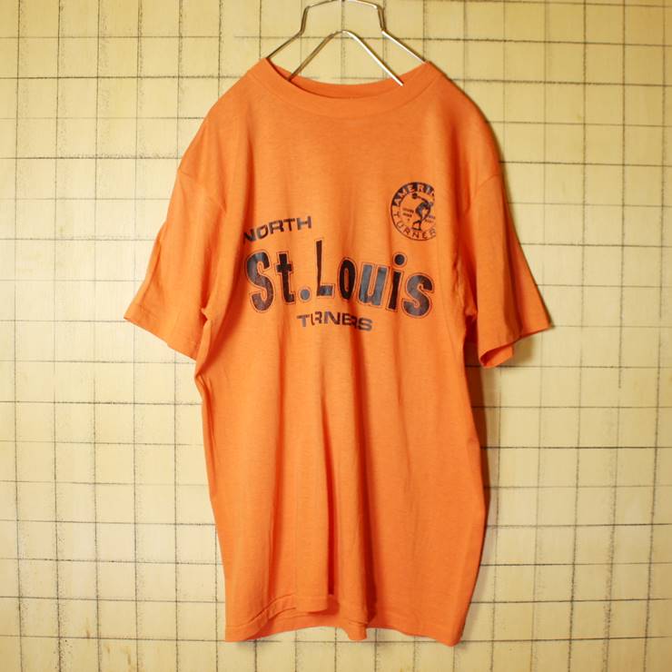70s 80s USA製 プリント 半袖 Tシャツ オレンジ メンズL St.Louis capco 古着