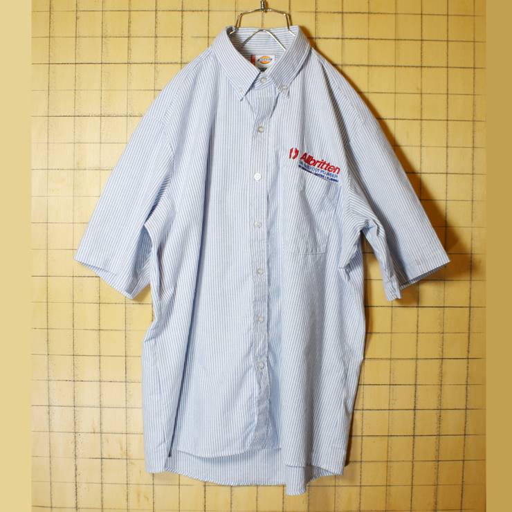 ビッグサイズ Dickies ディッキーズ ストライプ ワークシャツ 半袖 刺繍 メンズXL相当 ライトブルー ボタンダウン ビッグシルエット 古着