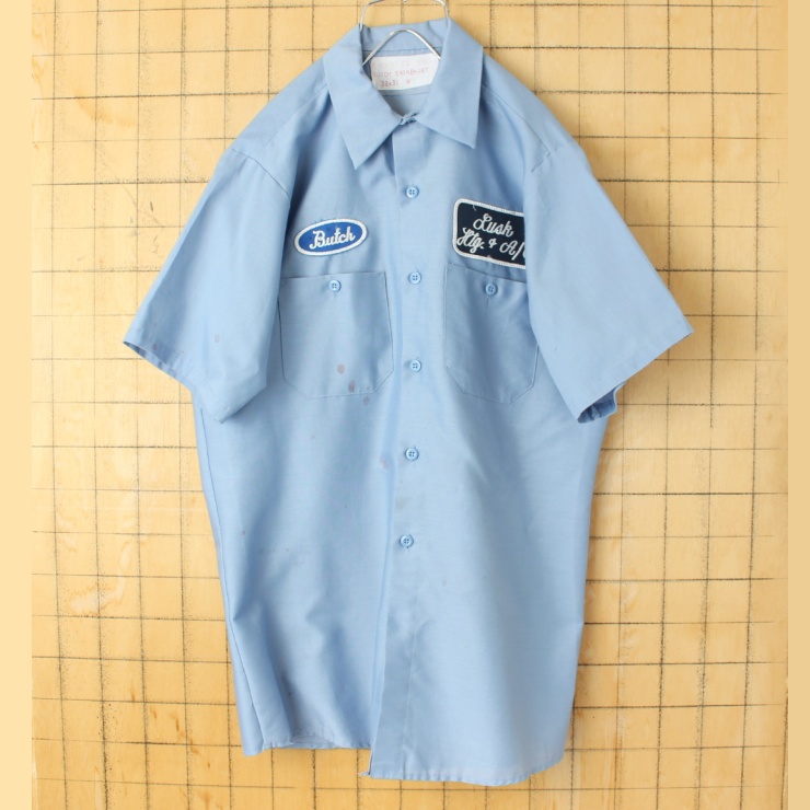 70s 80s USA製 ワッペン ワークシャツ ライトブルー メンズM 半袖 アメリカ古着 050725ss107
