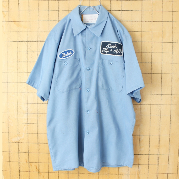 70s 80s USA製 ワッペン ワークシャツ ライトブルー メンズM 半袖 アメリカ古着 050725ss108