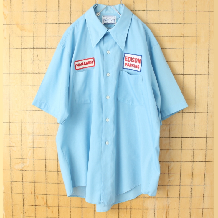 70s 80s USA製 DeeCee ワッペン ワークシャツ ライトブルー メンズL 半袖 アメリカ古着 050725ss109