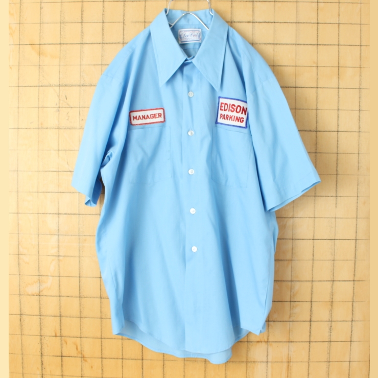 70s 80s USA製 DeeCee リサイズ ワッペン ワークシャツ ライトブルー メンズML相当 半袖 アメリカ古着 050725ss110