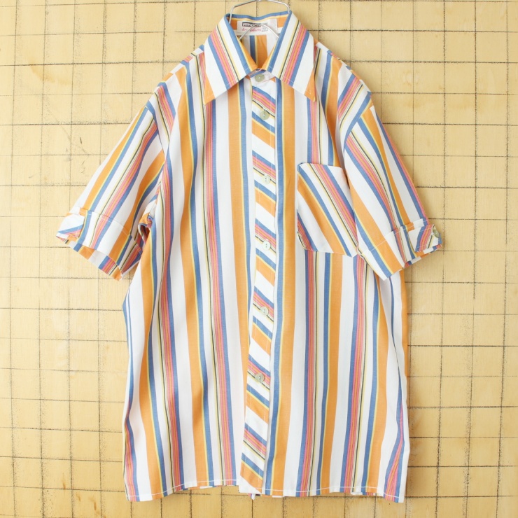 60s 70s EURO permaflott ストライプ シャツ メンズM相当 オレンジ ブルー 半袖 フランス ドイツ ヨーロッパ古着