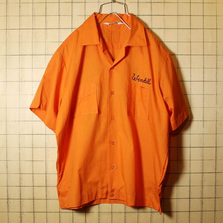 60s-70s Imperial ビンテージ ボックス ボウリングシャツ フロッキープリント 開襟 半袖 USA製 古着 オレンジ メンズL オープンカラー