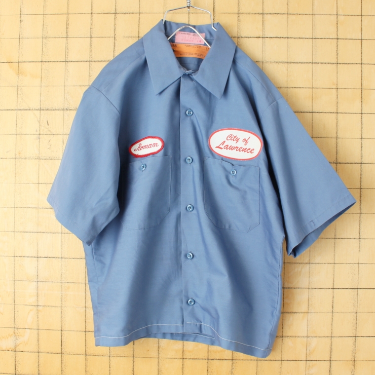 70s 80s USA製 RED KAP レッドキャップ ワッペン リメイクワークシャツ ブルー メンズM 半袖 アメリカ古着