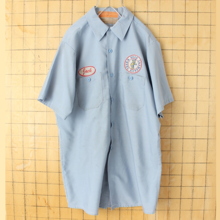 70s 80s USA製 RED KAP レッドキャップ BEAR WHEEL ALINEMENT ワッペン ワークシャツ ライトブルー メンズM 半袖 アメリカ古着