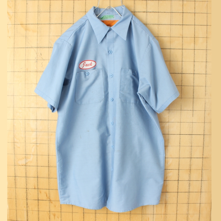 70s 80s USA製 RED KAP レッドキャップ ワッペン ワークシャツ ライトブルー メンズM 半袖 アメリカ古着