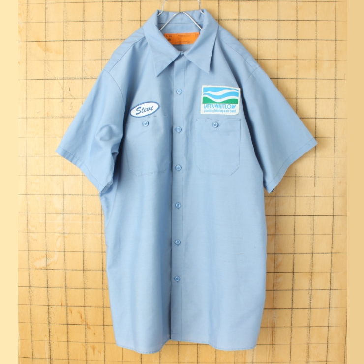 70s 80s USA製 RED KAP レッドキャップ ワッペン ワークシャツ ライトブルー メンズL 半袖 アメリカ古着