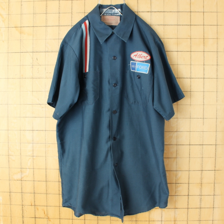 70s 80s USA製 Miller FORD ワッペン ワークシャツ ネイビーブルー メンズM 半袖 アメリカ古着