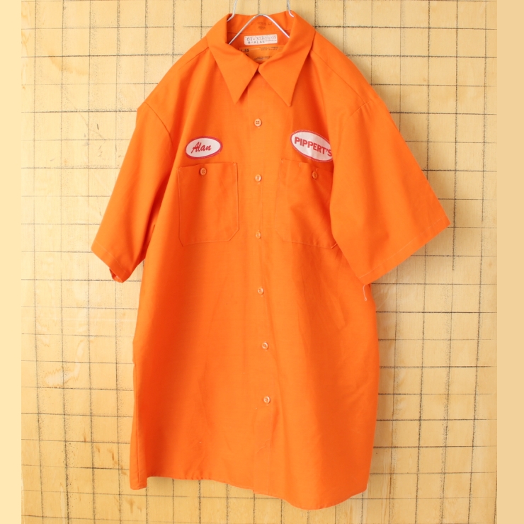 70s 80s USA製 RED KAP レッドキャップ ワッペン ワークシャツ オレンジ メンズL 半袖 アメリカ古着 050725ss121