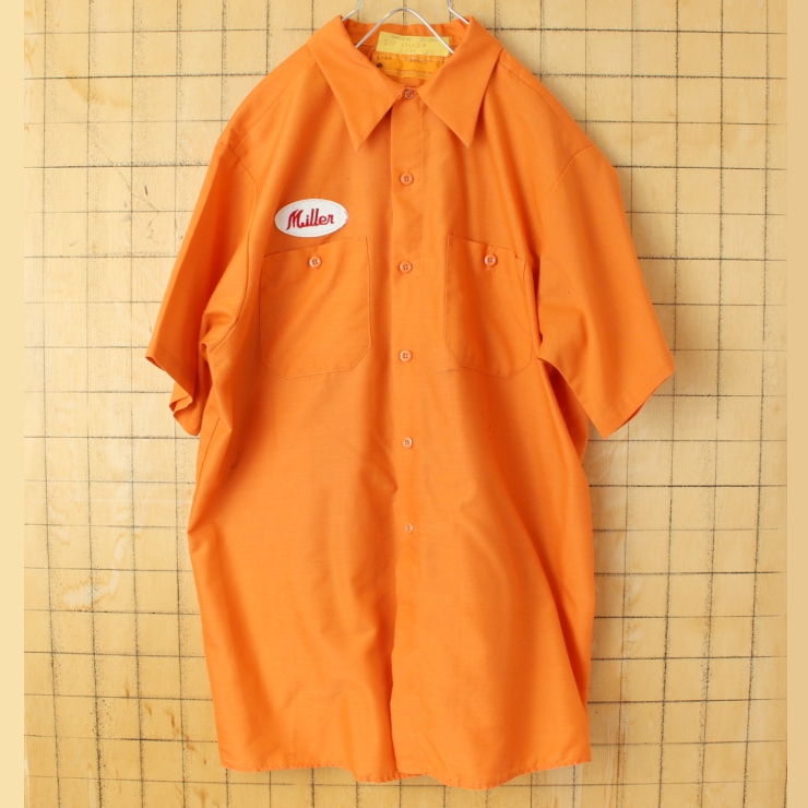 70s 80s USA製 RED KAP レッドキャップ ワッペン ワークシャツ オレンジ メンズL 半袖 アメリカ古着 050725ss122