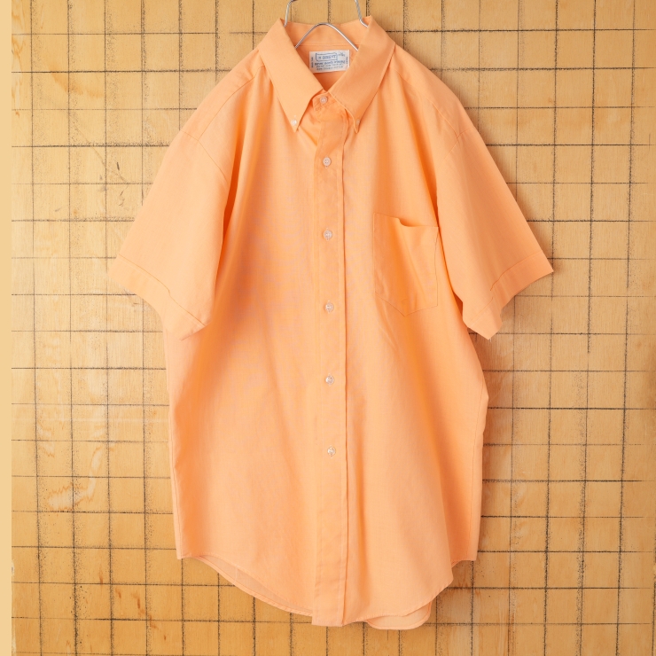 70s 80s USA BRENT 半袖 ボタンダウンコットンシャツ サーモンピンク メンズM アメリカ古着