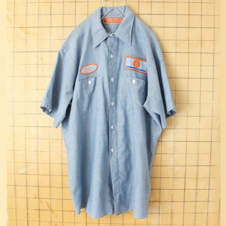 70s 80s USA製 RED KAP レッドキャップ ワッペン シャンブレーワークシャツ ライトブルー メンズL 半袖 アメリカ古着 050725ss124
