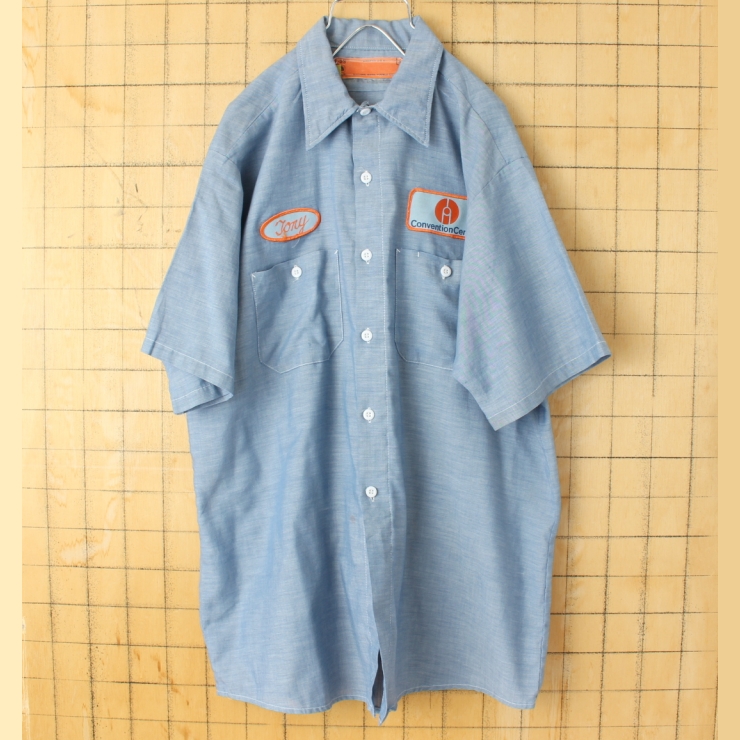 70s 80s USA製 RED KAP レッドキャップ ワッペン シャンブレーワークシャツ ライトブルー メンズL 半袖 アメリカ古着 050725ss125