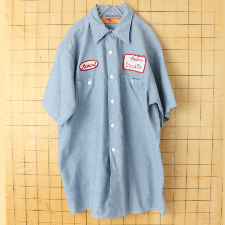 70s 80s USA製 RED KAP レッドキャップ ワッペン シャンブレーワークシャツ ライトブルー メンズL相当 半袖 アメリカ古着 050725ss131