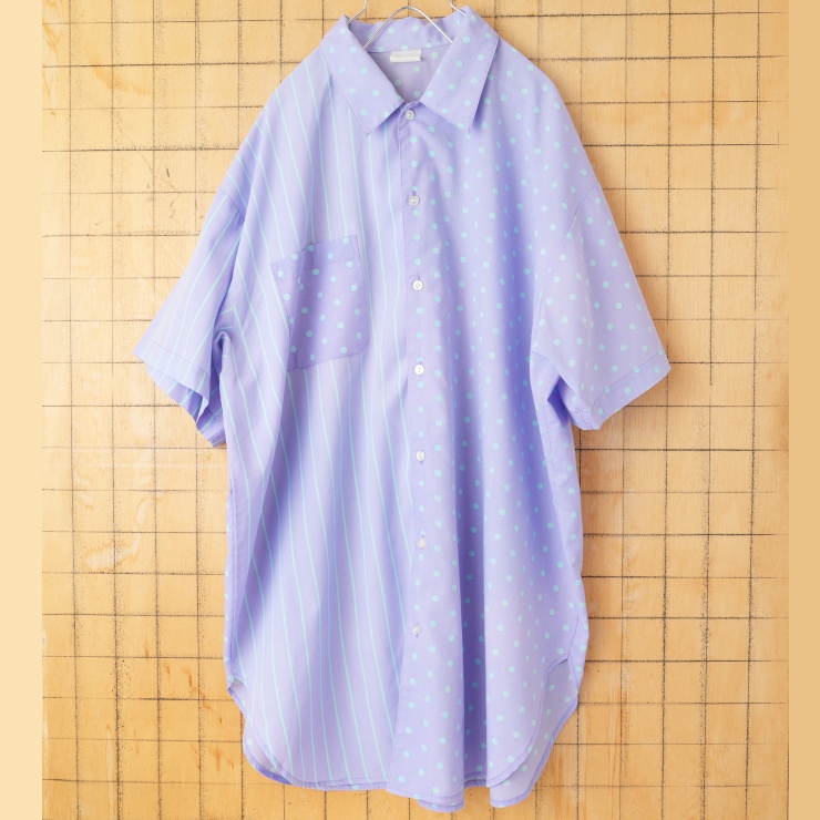 80s 90s EURO ドット・ストライプ総柄シャツ パープル メンズXL相当 ヨーロッパ古着