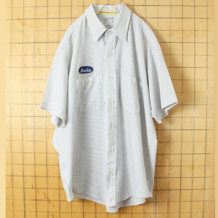 70s 80s USA製 RED KAP レッドキャップ ワッペン ストライプ ワーク シャツ ネイビー ブルー メンズXL 半袖 アメリカ古着